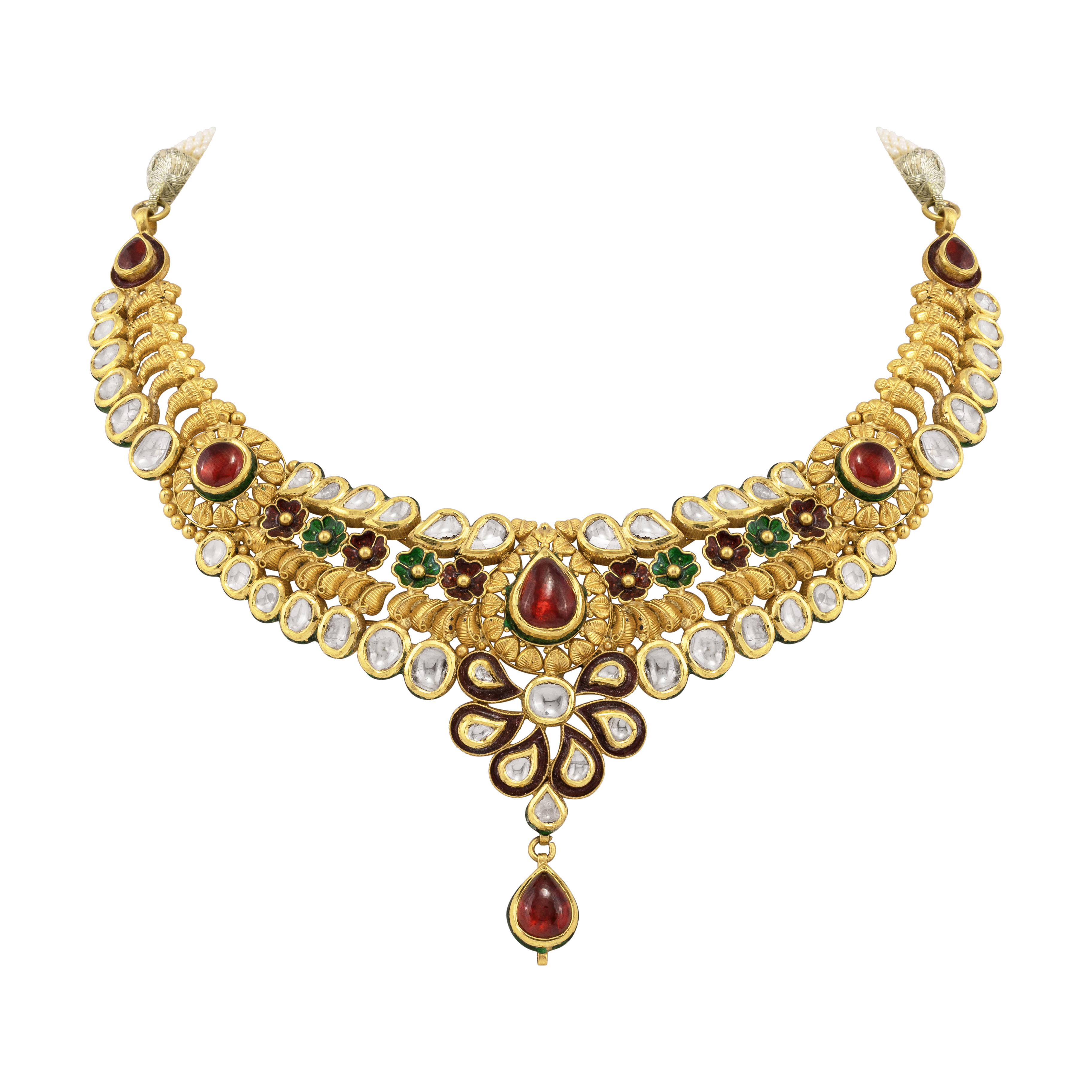 Traditional Necklace with Polki, Red & Green Enamel